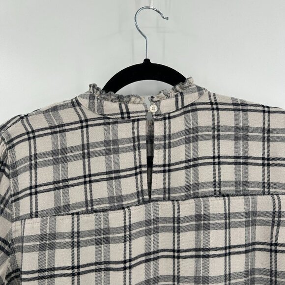 RAILS Black Ivory Plaid Ruffle Sleeve High Neck Pleated Flannel Blouse Small - Picture 6 of 8